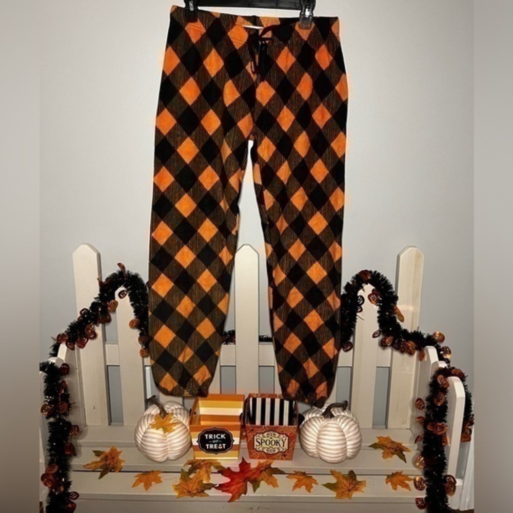 Daydream By Berkshire Home Halloween Orange/Black Plaid Fleece Pants Size Small